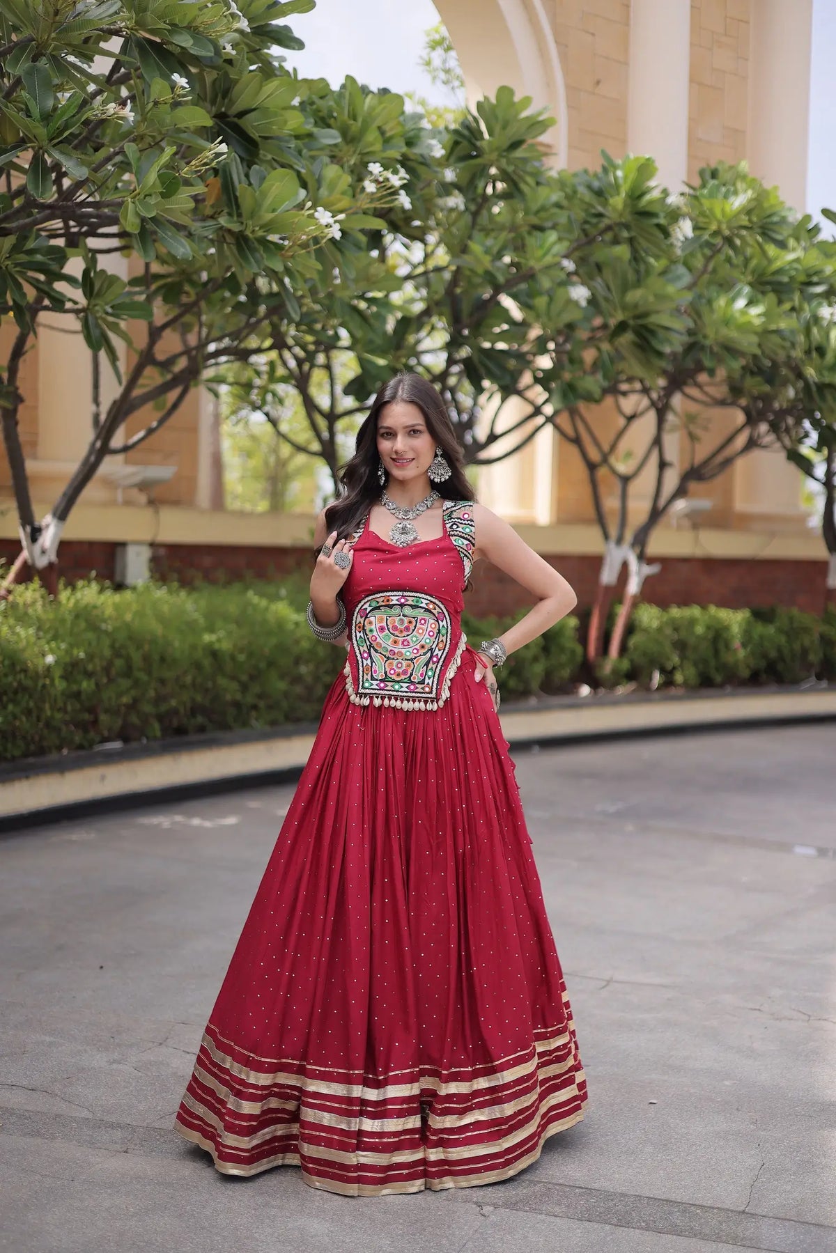 5 Meter Flair | Maroon Garba Chaniya Choli With Gamthi & Mirror Work