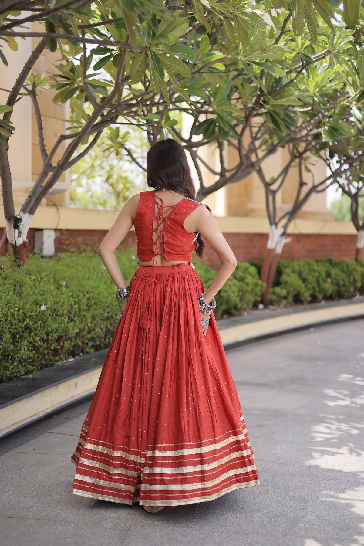5 Meter Flair | Rust Orange Garba Chaniya Choli With Gamthi & Mirror Work
