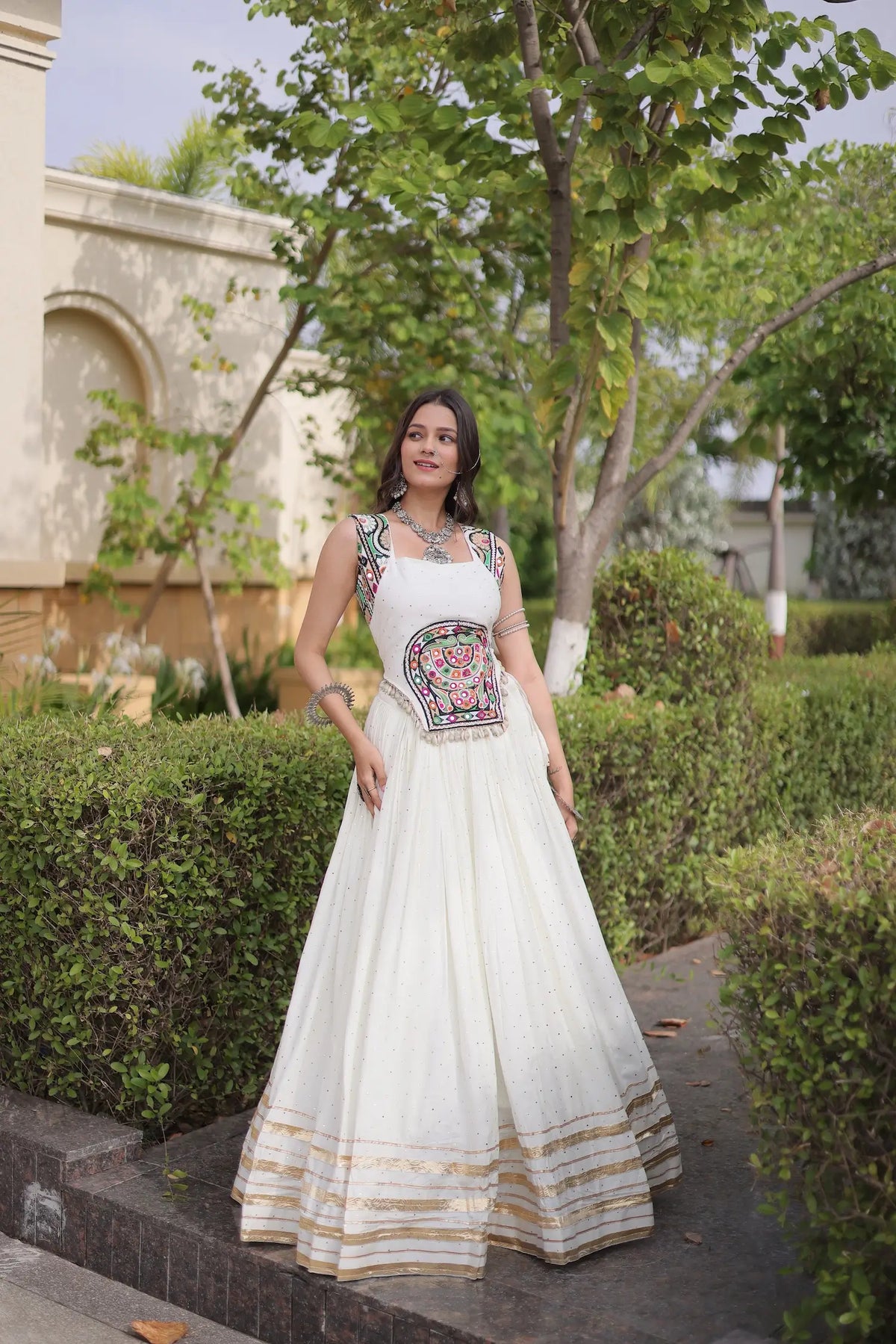 5 Meter Flair | White Garba Chaniya Choli With Gamthi & Mirror Work