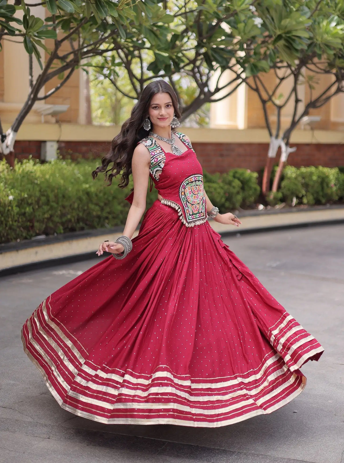 5 Meter Flair | Maroon Garba Chaniya Choli With Gamthi & Mirror Work