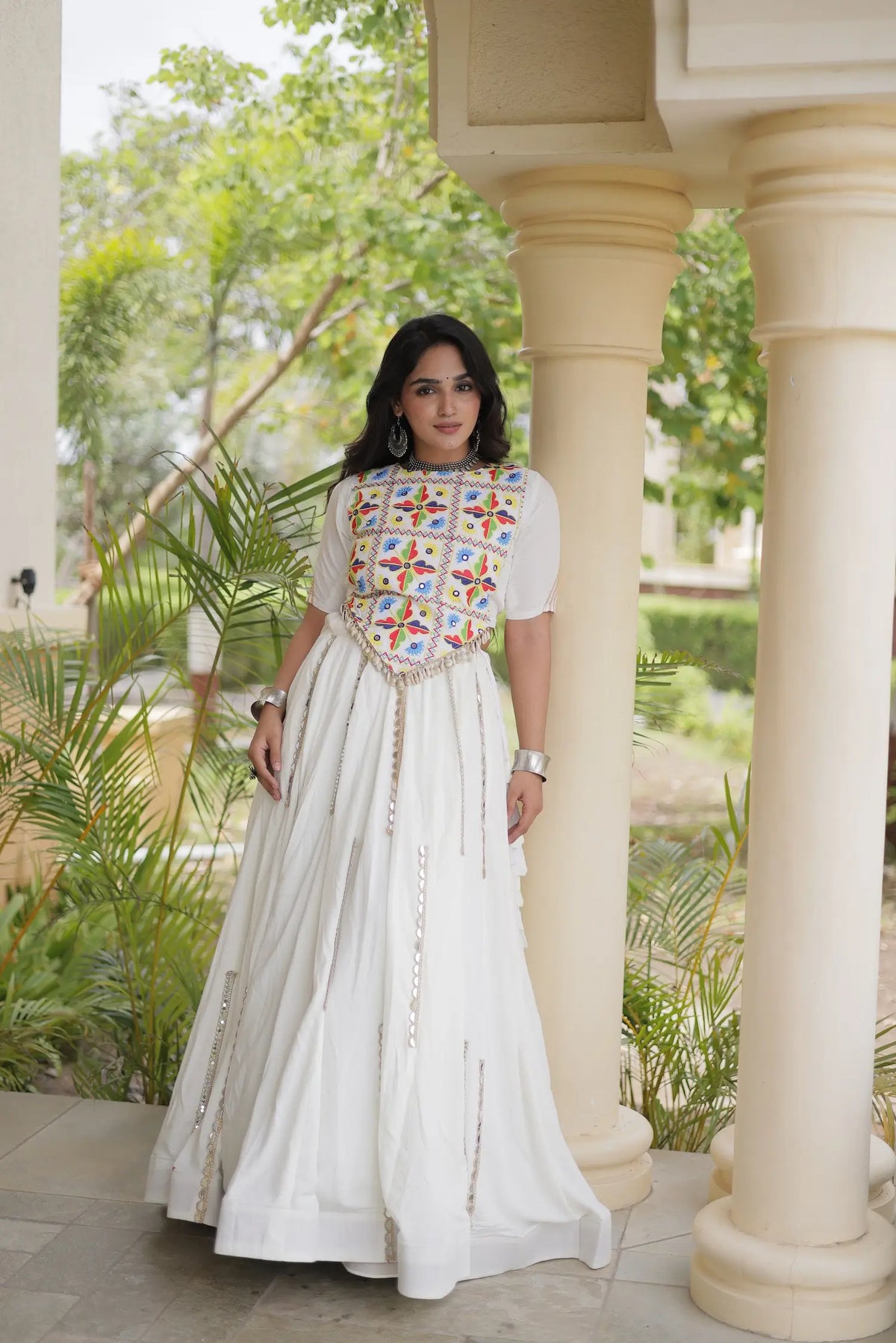 White Navratri Lehenga With Kutchi Work Blouse