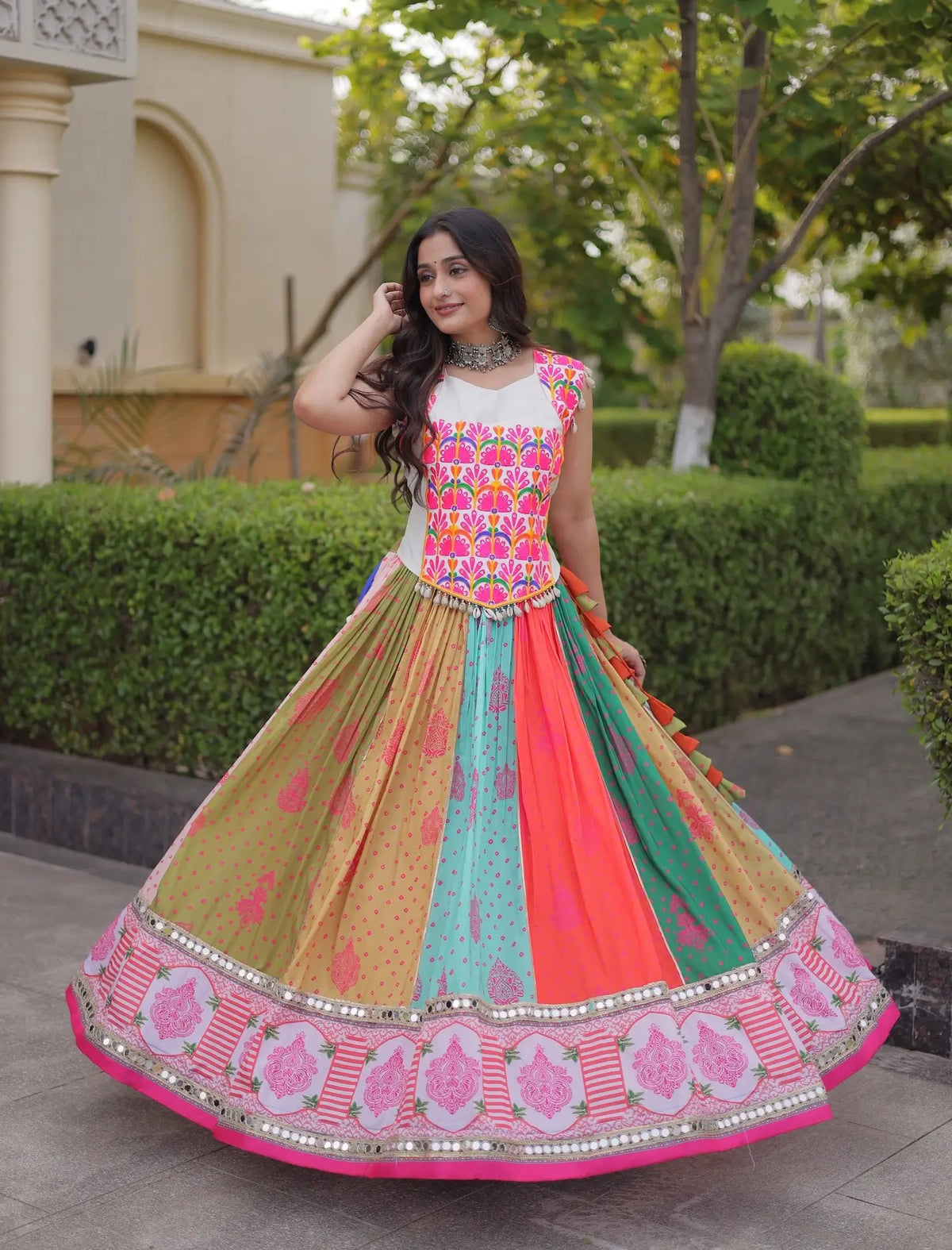 4 Meter Flair | Multicolor Cotton Navratri Lehenga Choli With Mirror Lace