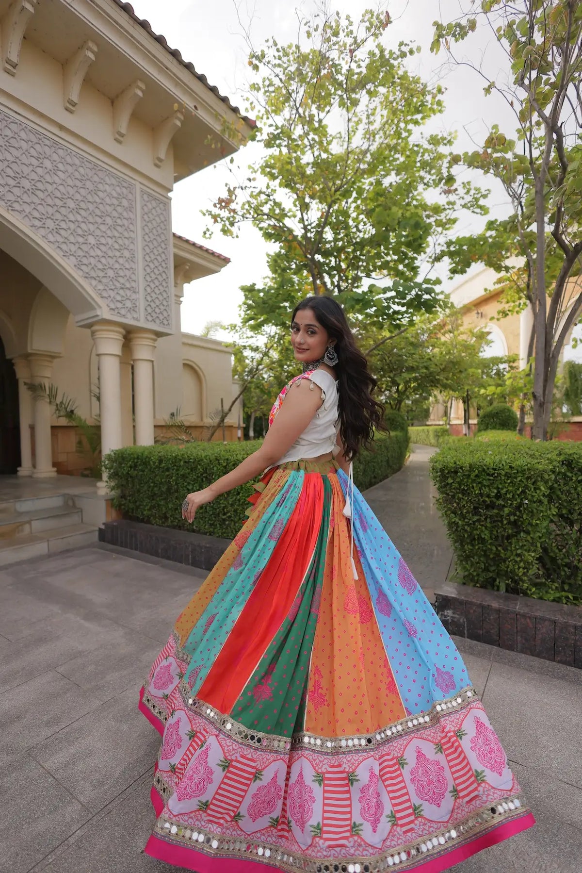 4 Meter Flair | Multicolor Cotton Navratri Lehenga Choli With Mirror Lace