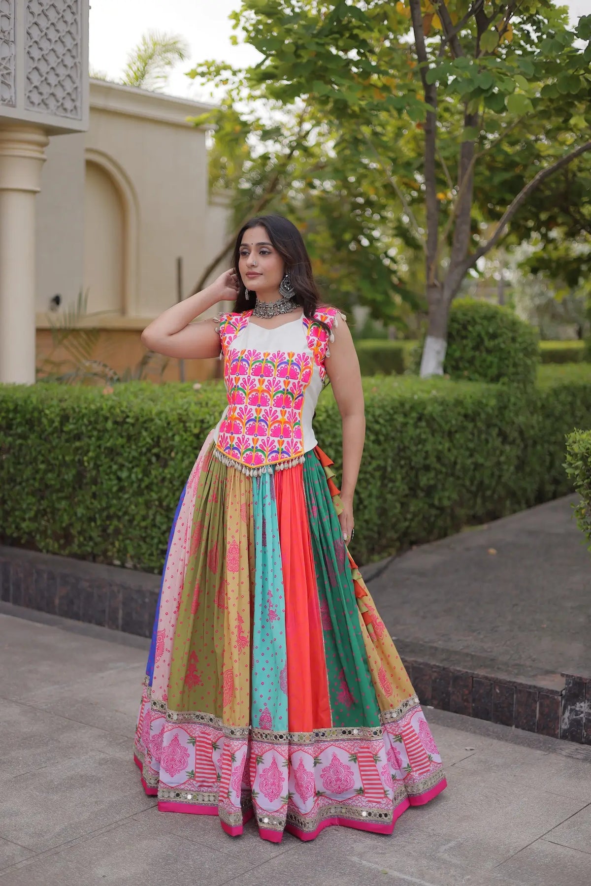 4 Meter Flair | Multicolor Cotton Navratri Lehenga Choli With Mirror Lace