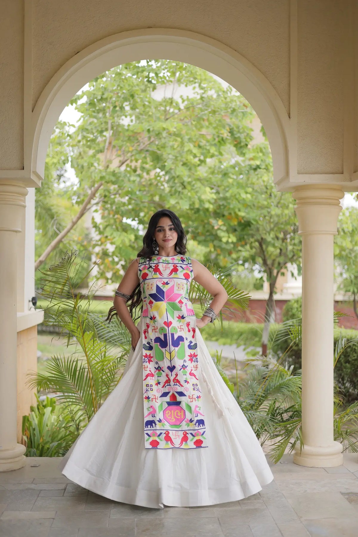White Cotton Navratri Lehenga With Embroidered Blouse