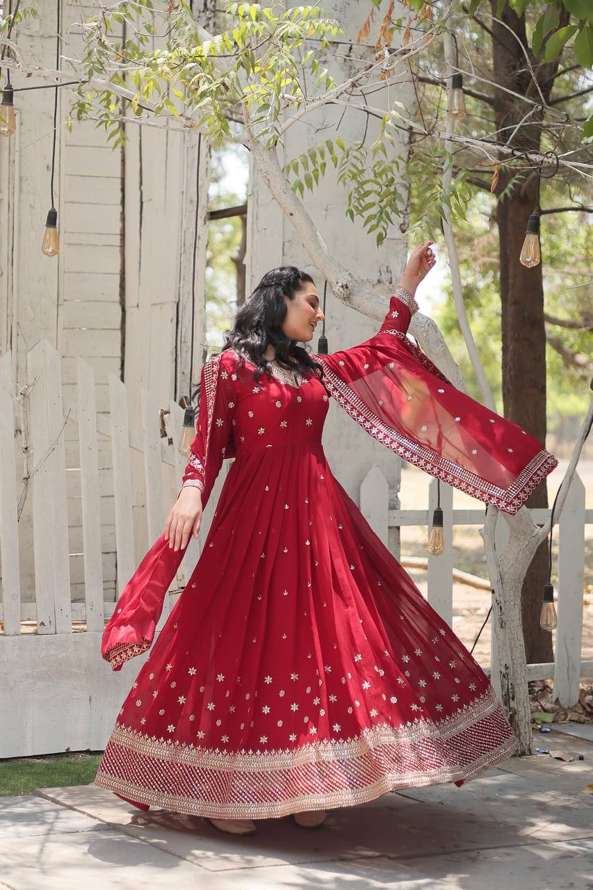 Gorgeous faux blooming gown in maroon with stunning sequins detail