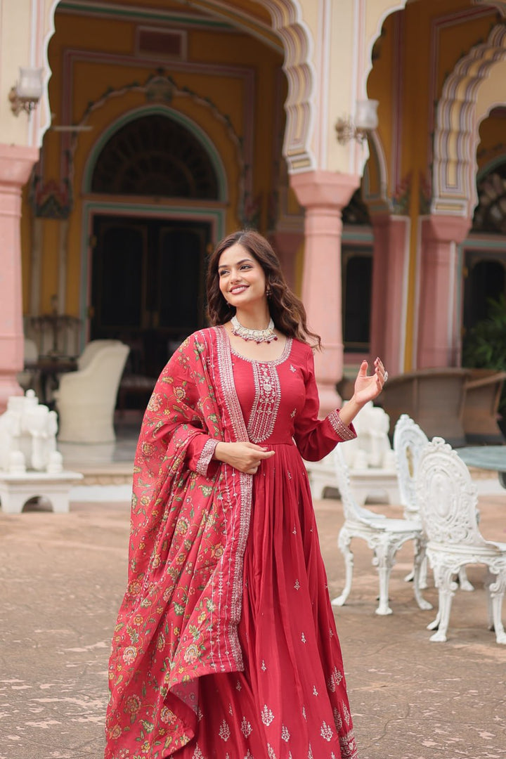 Maroon Color Chinon with Rich Sequins Embroidered work Gown