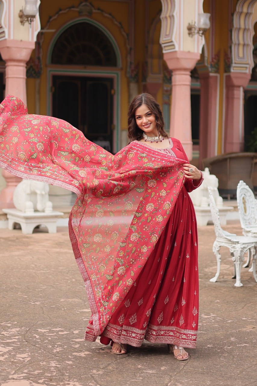 Maroon Color Chinon with Rich Sequins Embroidered work Gown