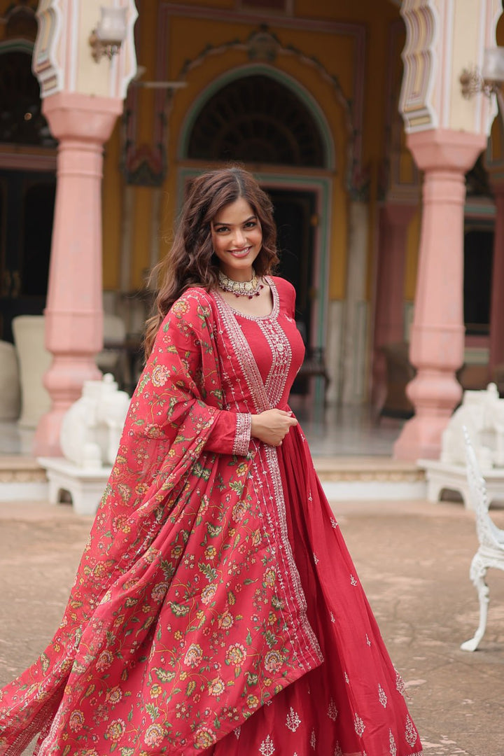 Maroon Color Chinon with Rich Sequins Embroidered work Gown