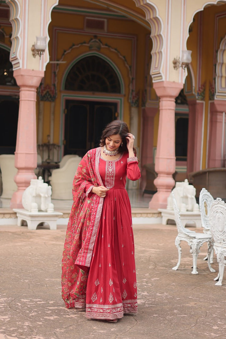 Maroon Color Chinon with Rich Sequins Embroidered work Gown