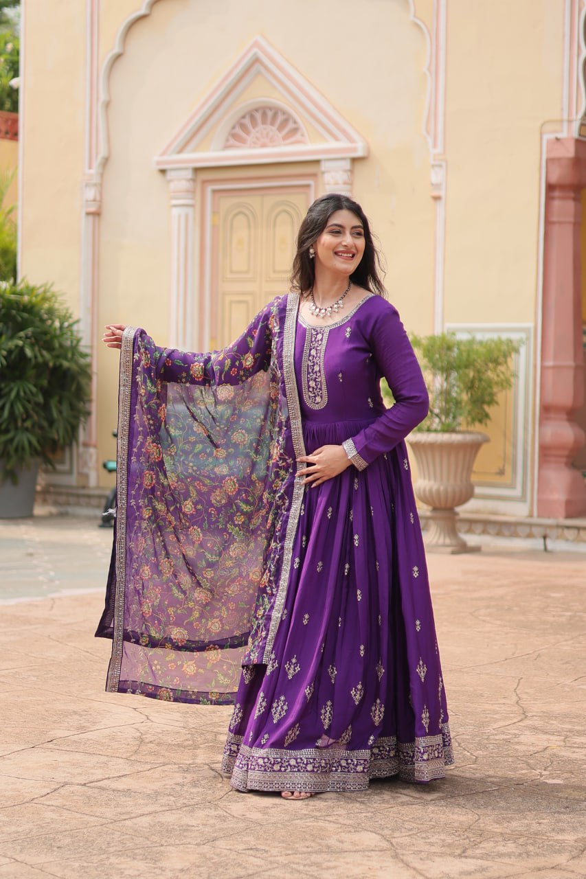 Purple Color Chinon with Rich Sequins Embroidered work Gown