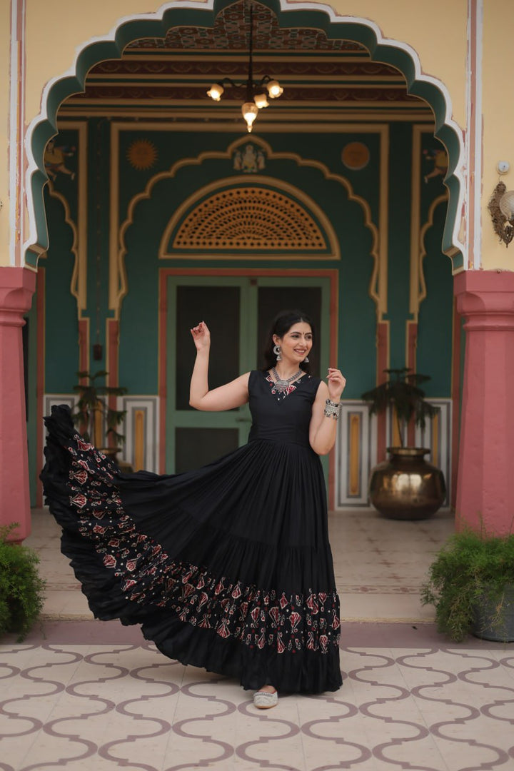 Black Reyon Fabric with Printed Rayon Fabric Atttached In Frill And Neck Gown