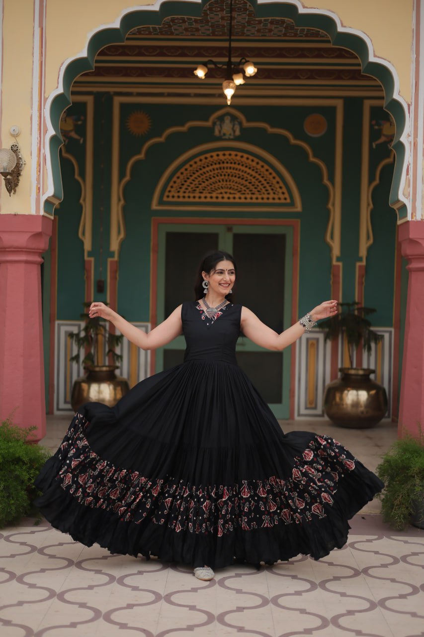 Black Reyon Fabric with Printed Rayon Fabric Atttached In Frill And Neck Gown