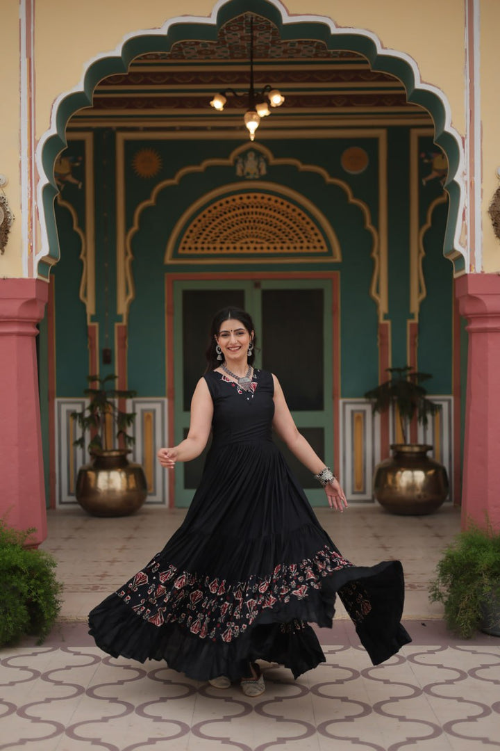 Black Reyon Fabric with Printed Rayon Fabric Atttached In Frill And Neck Gown