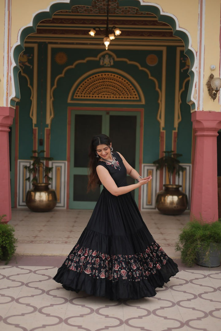 Black Reyon Fabric with Printed Rayon Fabric Atttached In Frill And Neck Gown