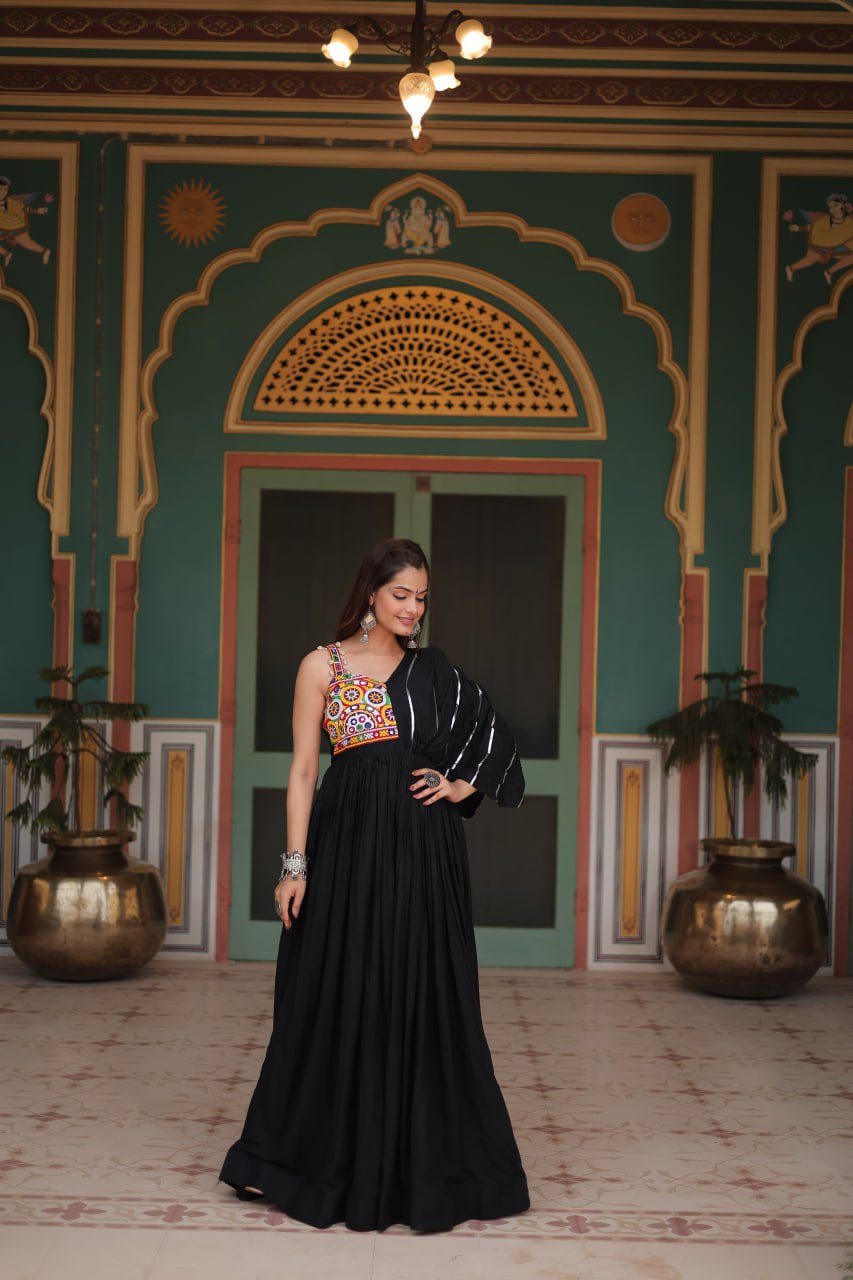 Black Color Reyon Fabric with Designer Lace Gown