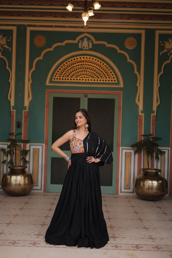 Black Color Reyon Fabric with Designer Lace Gown