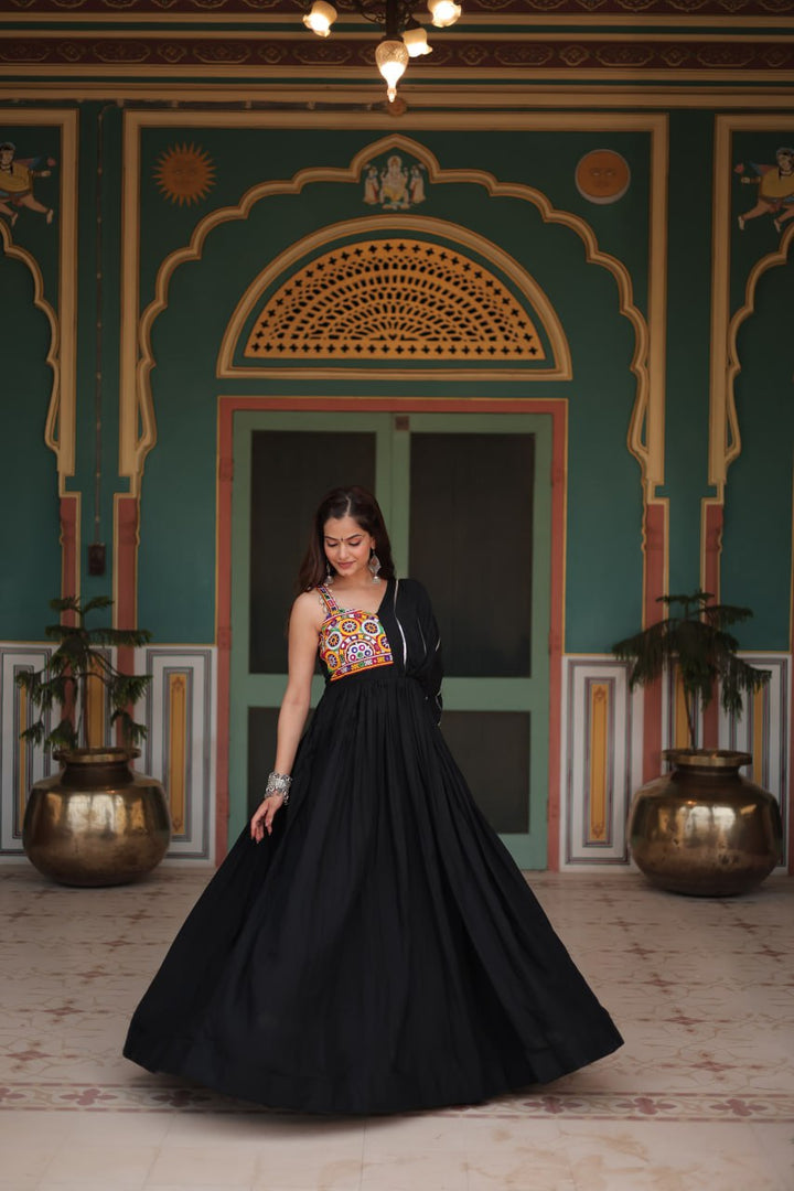 Black Color Reyon Fabric with Designer Lace Gown