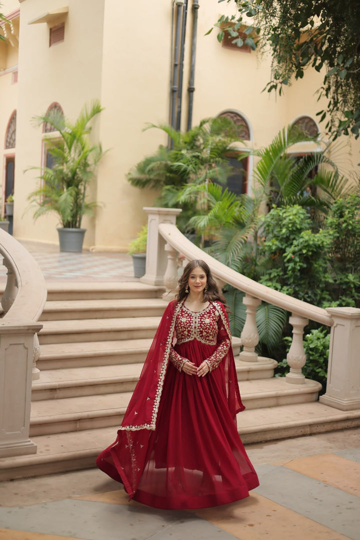 Maroon Faux Blooming With Sequins-Multi & Zari Embroidered Work Gown