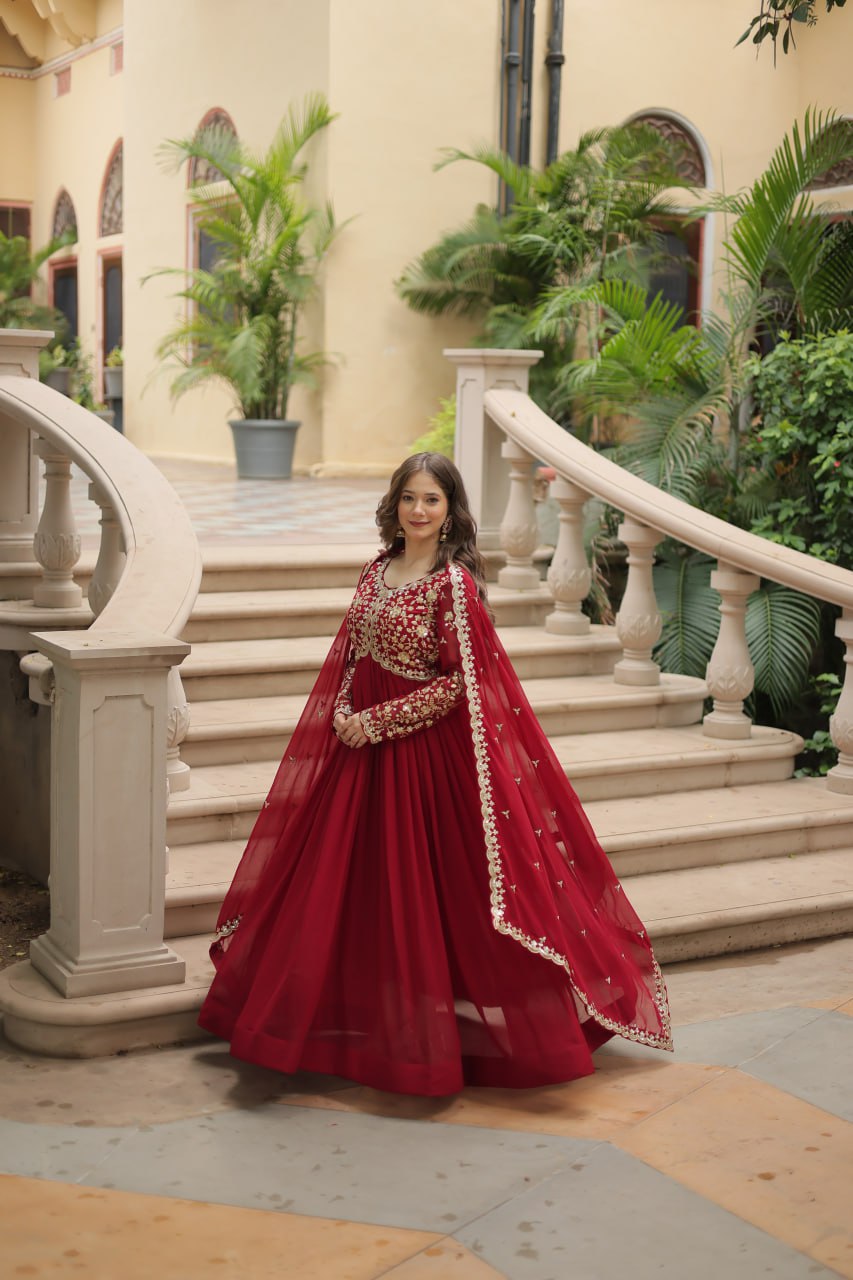 Maroon Faux Blooming With Sequins-Multi & Zari Embroidered Work Gown