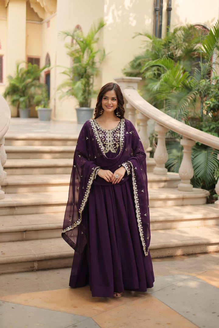 Wine Faux Blooming With Sequins-Multi & Zari Embroidered Work Gown