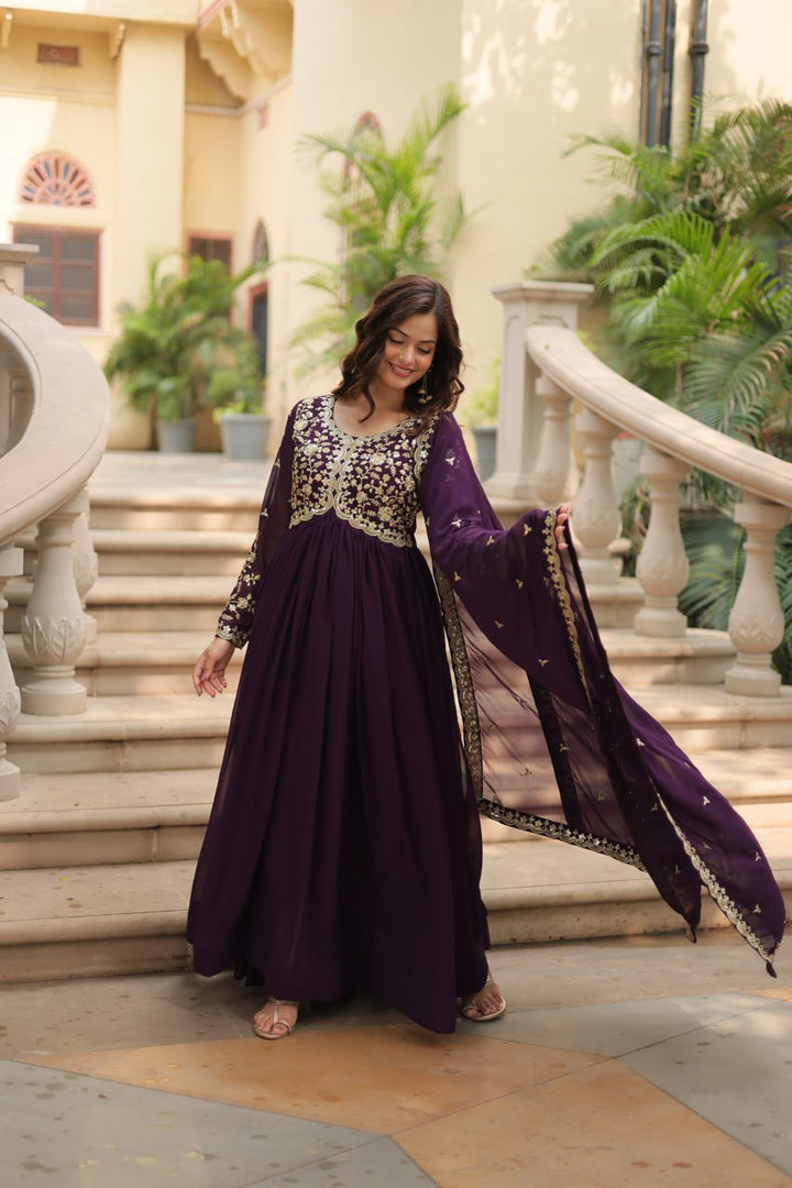 Wine Faux Blooming With Sequins-Multi & Zari Embroidered Work Gown