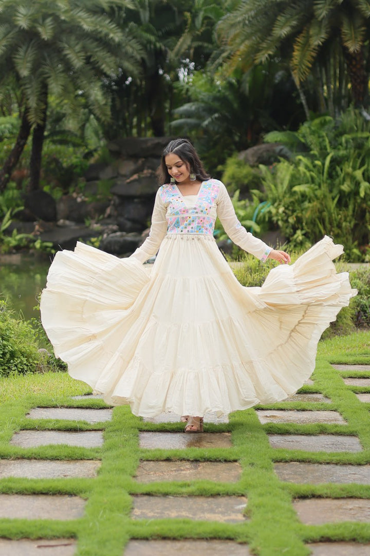 Off White Kora - Cotton With Kutchi Gamthi Lace Gown