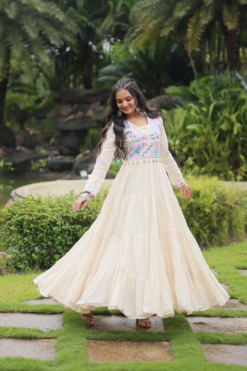 Off White Kora - Cotton With Kutchi Gamthi Lace Gown