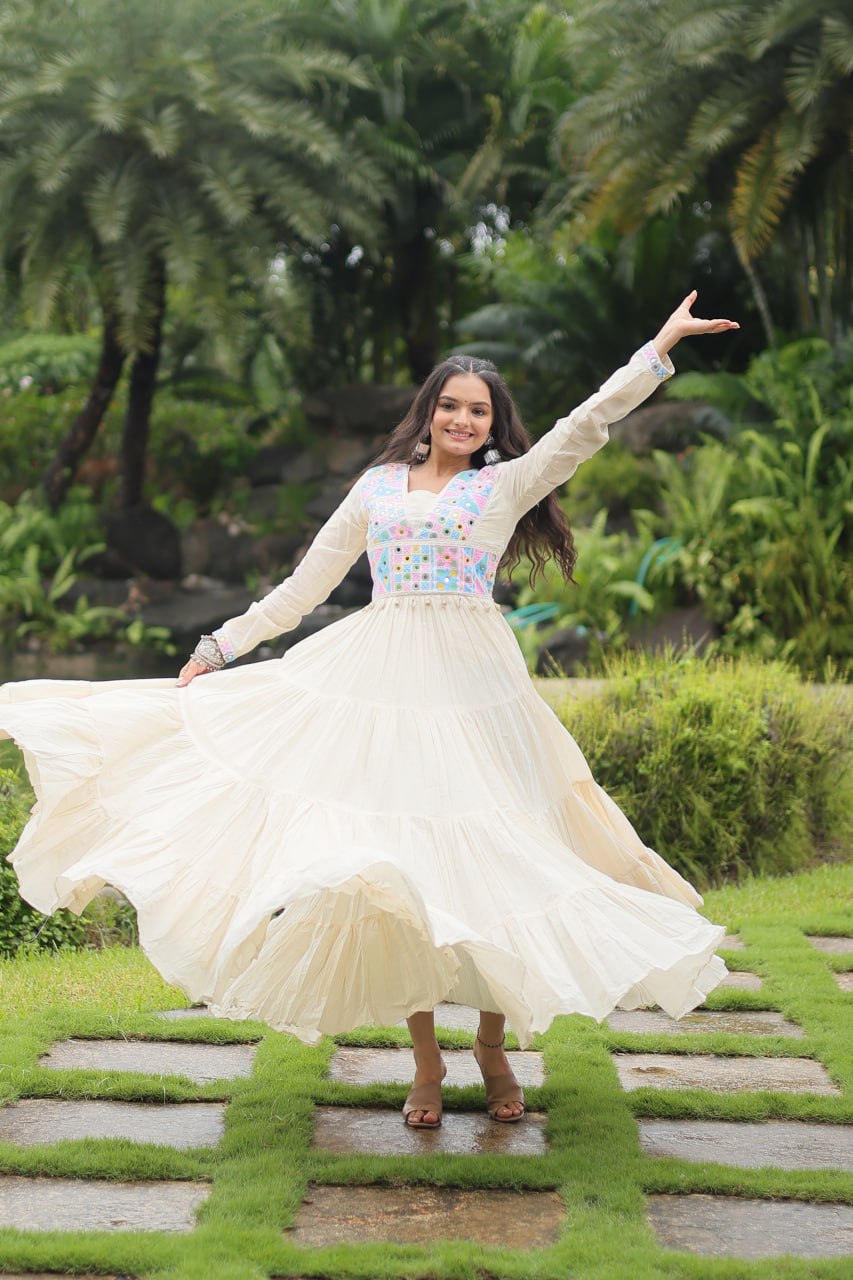 Off White Kora - Cotton With Kutchi Gamthi Lace Gown