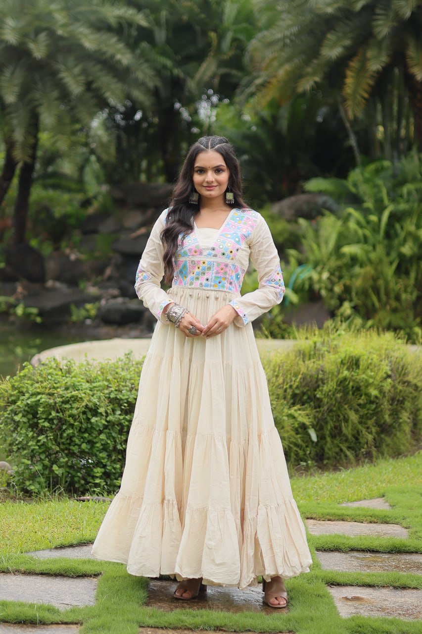 Off White Kora - Cotton With Kutchi Gamthi Lace Gown