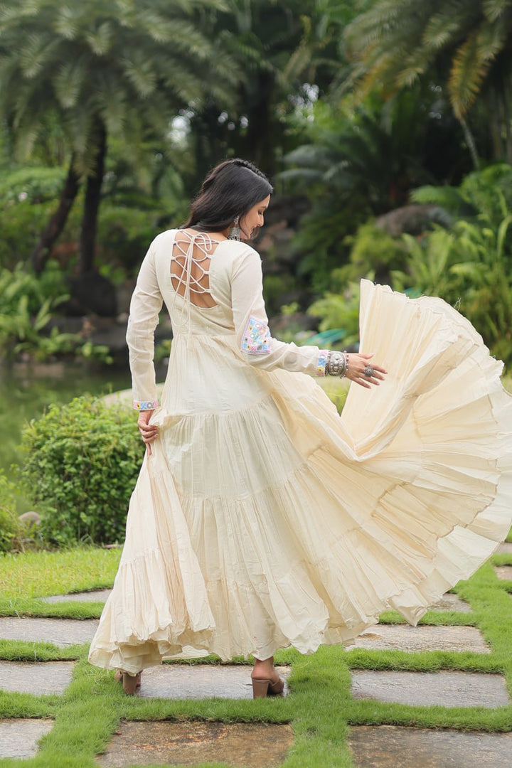 Off White Kora - Cotton With Kutchi Gamthi Lace Gown