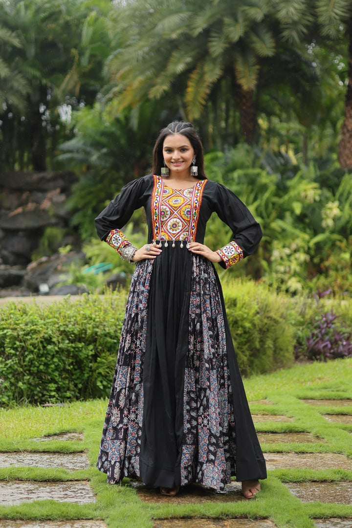 Black Color Reyon With Kutchi Gamthi Work Gown