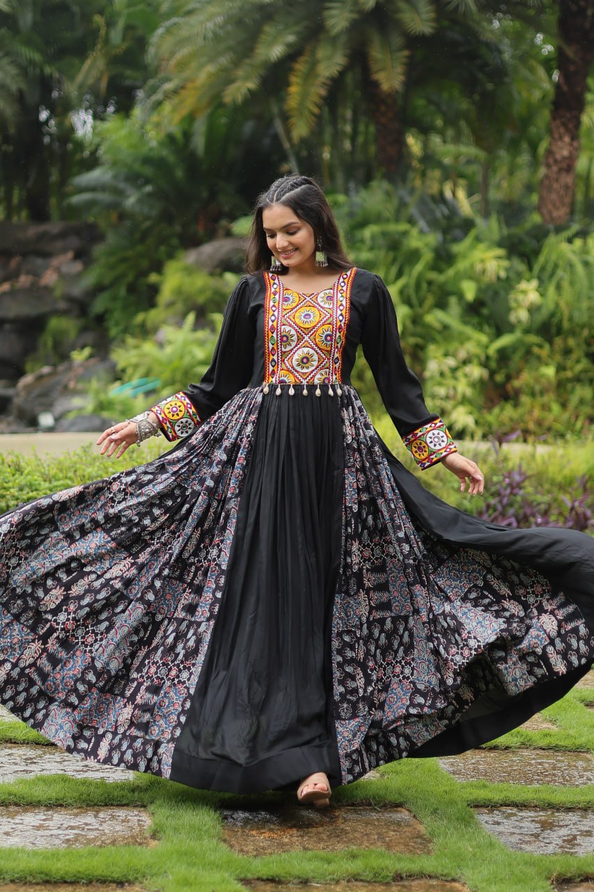 Black Color Reyon With Kutchi Gamthi Work Gown