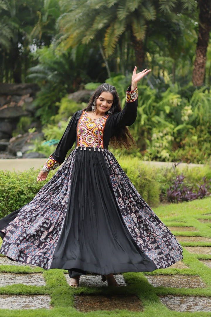 Black Color Reyon With Kutchi Gamthi Work Gown