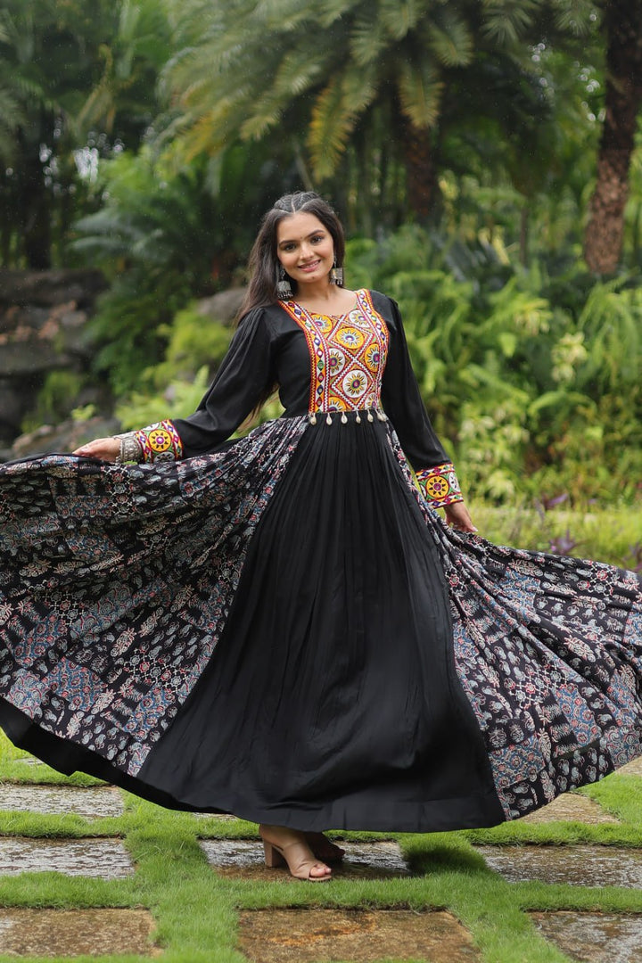 Black Color Reyon With Kutchi Gamthi Work Gown