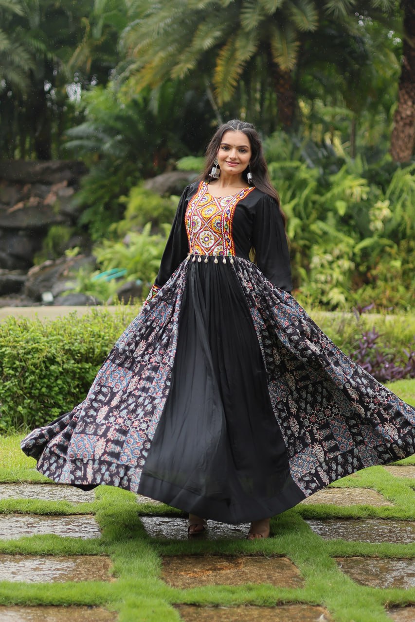 Black Color Reyon With Kutchi Gamthi Work Gown