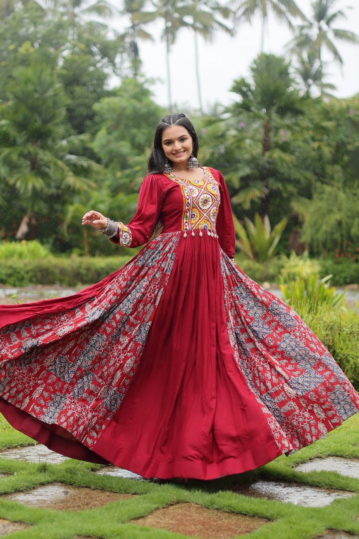 Maroon Color Reyon With Kutchi Gamthi Work Gown