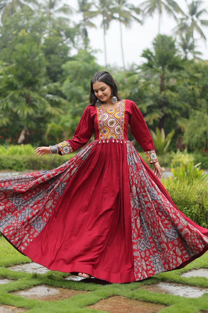 Maroon Color Reyon With Kutchi Gamthi Work Gown