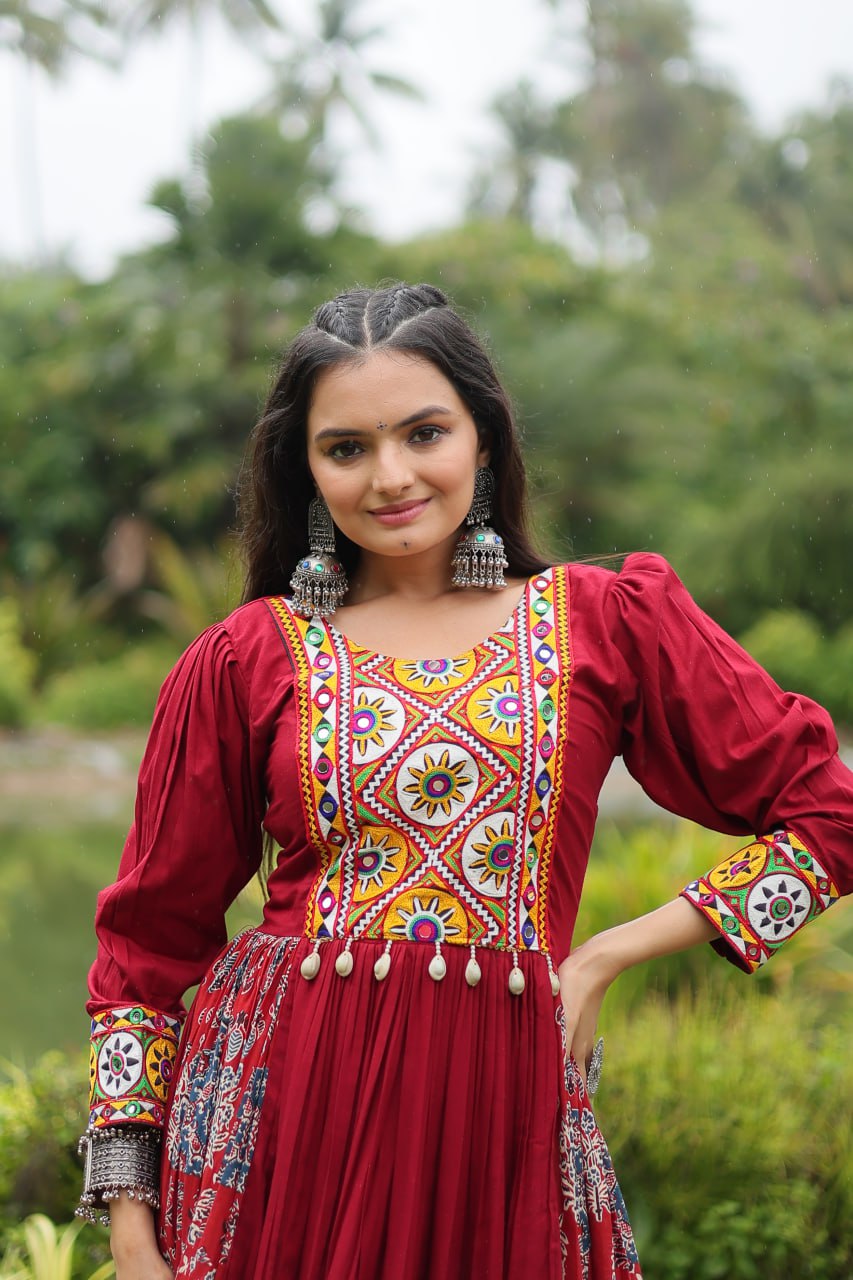 Maroon Color Reyon With Kutchi Gamthi Work Gown