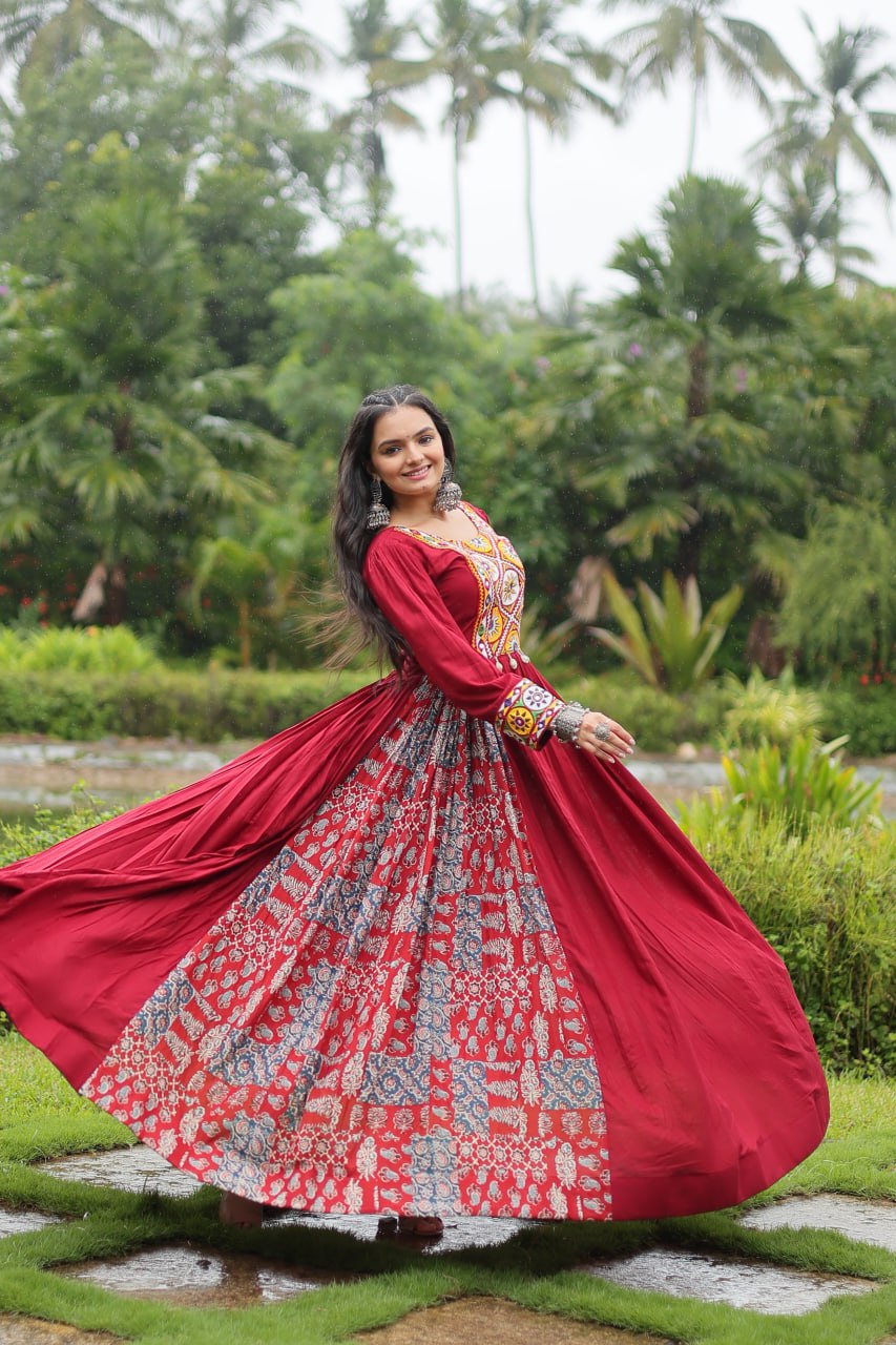 Maroon Color Reyon With Kutchi Gamthi Work Gown