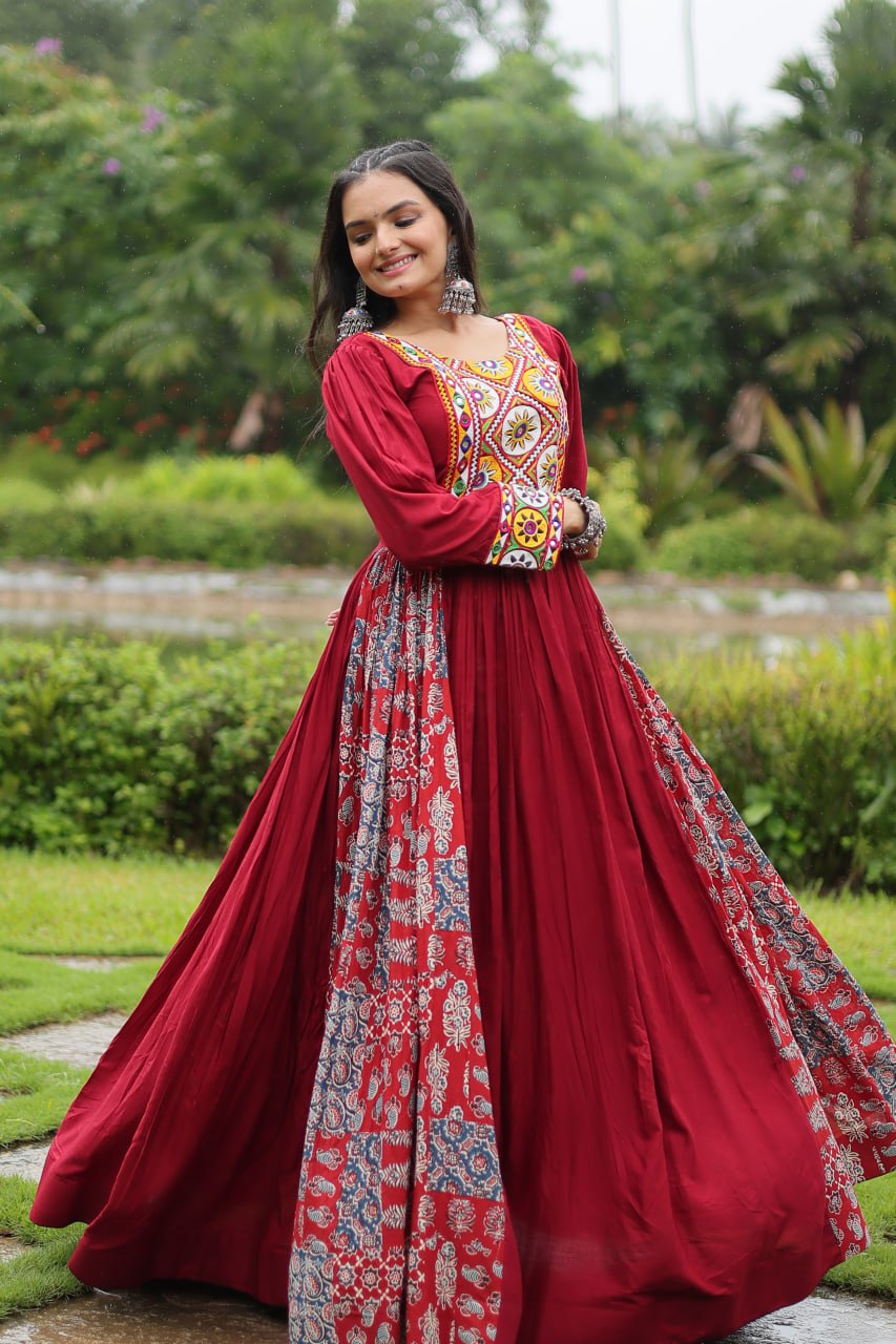 Maroon Color Reyon With Kutchi Gamthi Work Gown