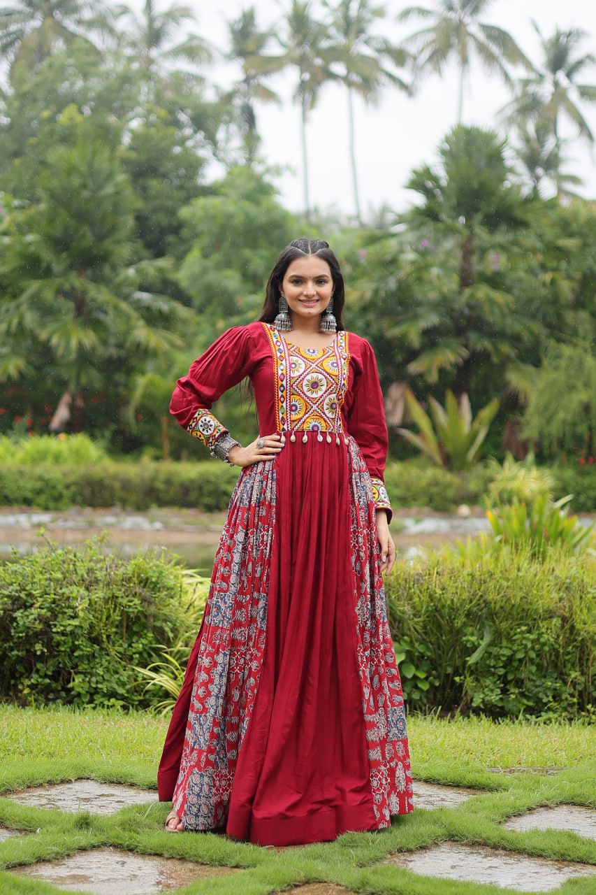 Maroon Color Reyon With Kutchi Gamthi Work Gown