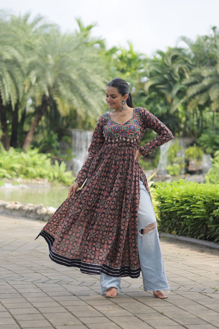 Black Color Printed Cotton With Kutchi Gamthi Work and Kodi Lace Gown