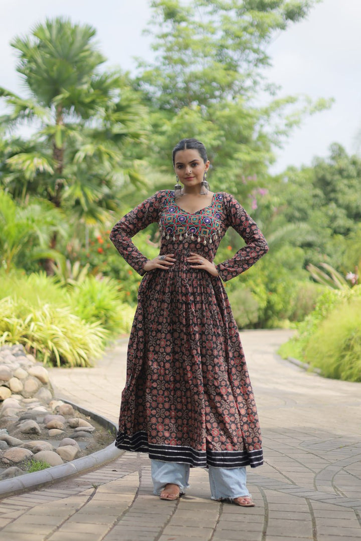 Black Color Printed Cotton With Kutchi Gamthi Work and Kodi Lace Gown