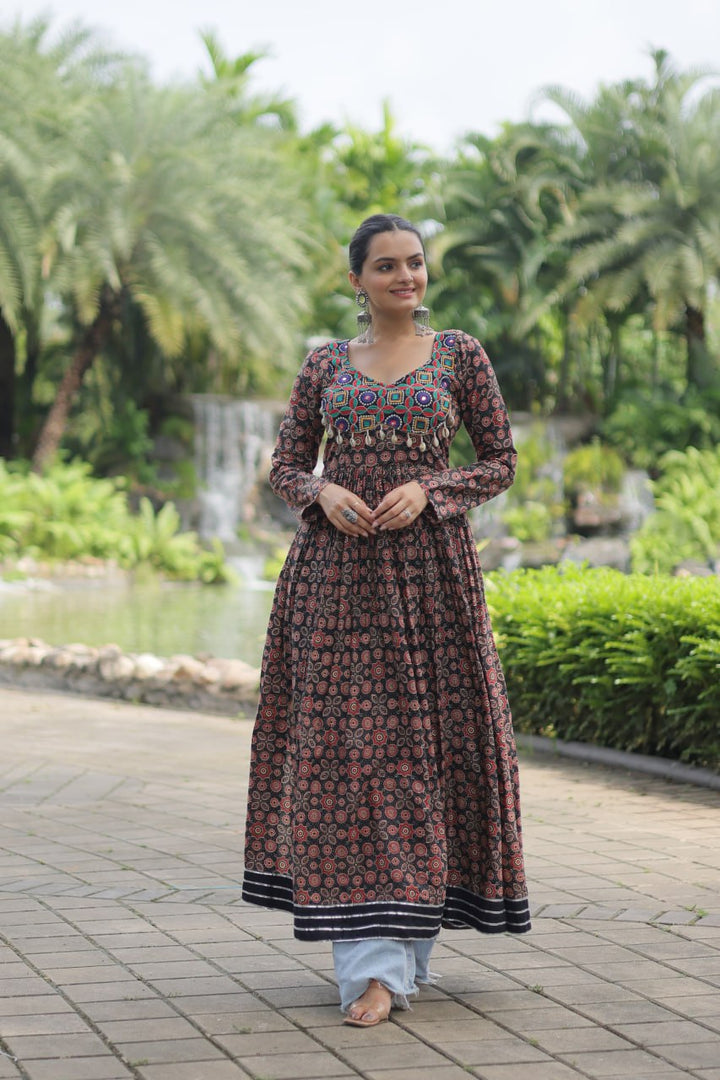 Black Color Printed Cotton With Kutchi Gamthi Work and Kodi Lace Gown