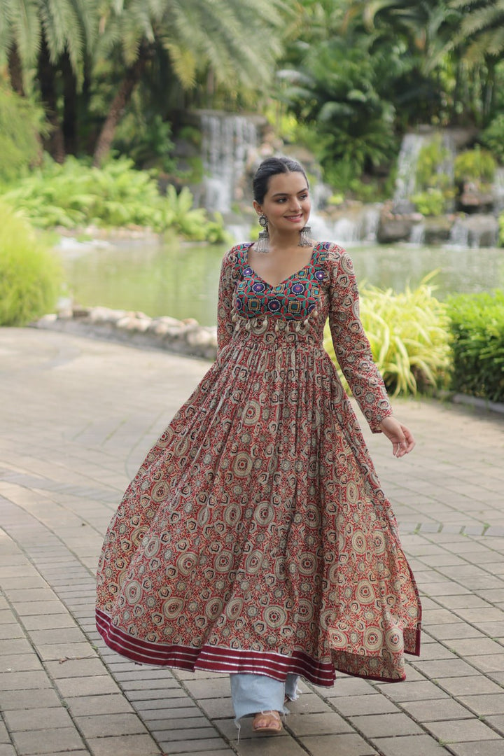 Maroon Color Printed Cotton With Kutchi Gamthi Work and Kodi Lace Gown