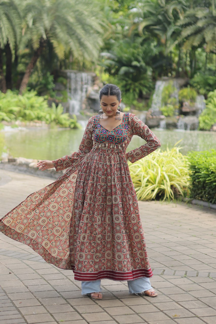 Maroon Color Printed Cotton With Kutchi Gamthi Work and Kodi Lace Gown