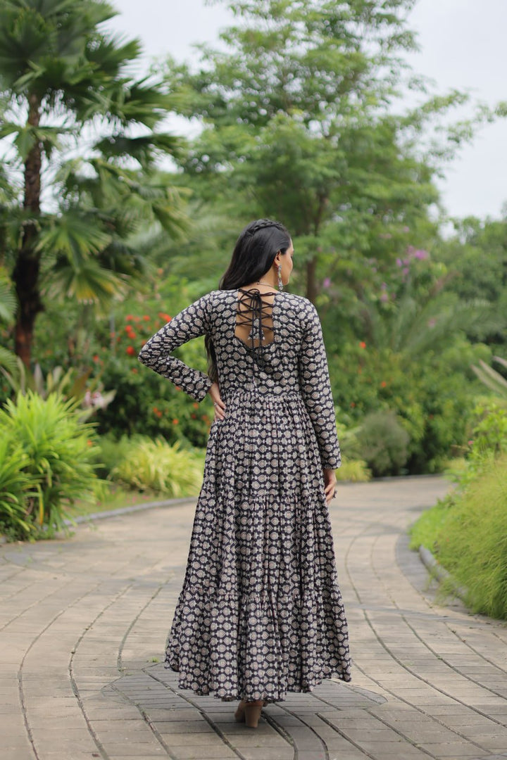 Black Color Printed Cotton With Kutchi Gamthi Work and Kodi Lace Gown