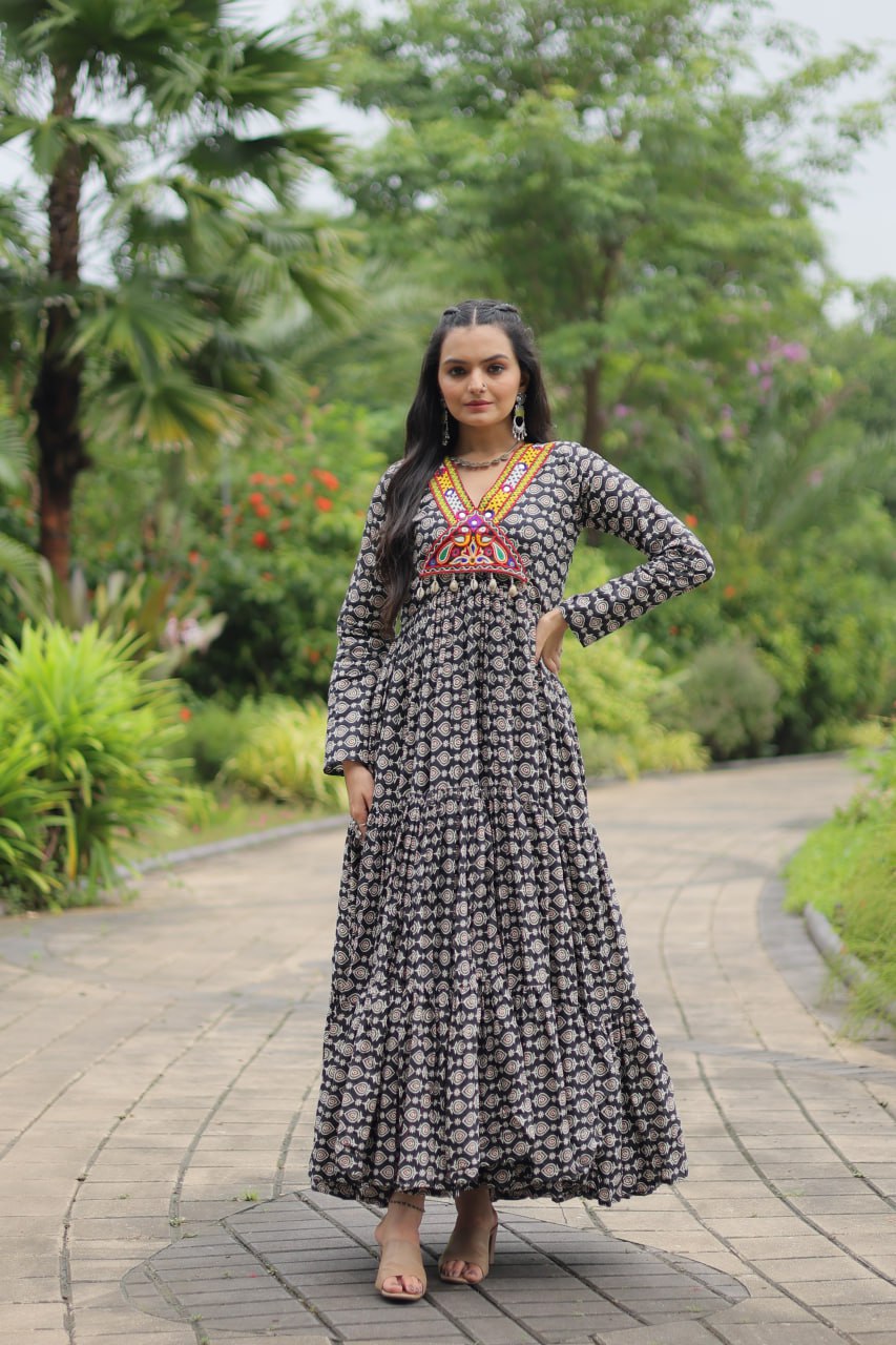 Black Color Printed Cotton With Kutchi Gamthi Work and Kodi Lace Gown