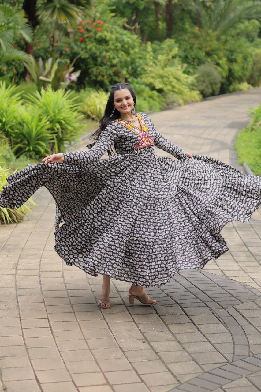 Black Color Printed Cotton With Kutchi Gamthi Work and Kodi Lace Gown